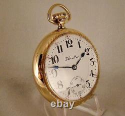 112 YEARS OLD HAMILTON 940 21j 10k GOLD FILLED OPEN FACE 18s RR POCKET WATCH