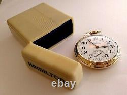 16sz Hamilton 950B RR Grade pocket watch, BOC 10k GF Case. Bakelite Box! Runs