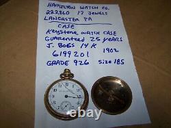 1902 HAMILTON 18s Pocket Watch 17J Model 1 Grade 926 Open Face Gold Filled