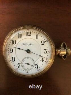 1910 Hamilton 17 Jewel Sz 18'The Banner' Pocket Watch in Gold Finish Case-Runs