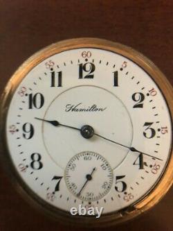 1910 Hamilton 17 Jewel Sz 18'The Banner' Pocket Watch in Gold Finish Case-Runs
