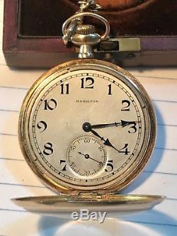 1913 Gold Hamilton Pocket Watch with Gold Chain, 17 Jewels, 3 Positions, Runs Nice