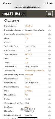 1924 Hamilton 992 16s 21j. Not working