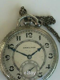 1928 Hamilton Grade 912 12 Size OpenFace Pocket Watch 14K White Gold Filled Case