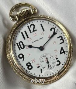 1946 Hamilton Grd 992B Mod 5 16s 21j RR Grade Pocket Watch Canadian Dial GF Case