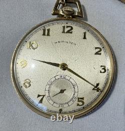 917 HAMILTON 17j Pocket Watch Wadsworth 14kt Gold Filled Working withChain+Knife