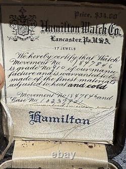 Antique 1919 Hamilton Pocket Watch With Original Receipt Registration Box Works