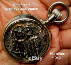 Antique 21 Jewel 18 Size Salesman Display Case Pocket Watch Hamilton 940 Works