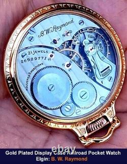 Antique 21 Jewels Gold Plated Display Case Pocket Watch Elgin Elgin B W Raymond