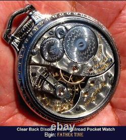 Antique 21 Jewels Silver Plated Display Case RR Pocket Watch Elgin FATHER TIME