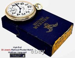 Antique 23 Jewels Gold Plated Railroad Pocket Watch Waltham VANGUARD With Box