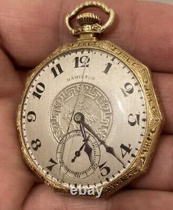 Antique Art Deco Hamilton 14k Gold Filled Open Face Pocket Watch 17 J 912 12S