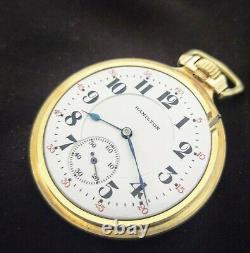BEAUTIFUL 14K Gold Filled Hamilton 992 Railroad16 Size 21J Pocket Watch Running