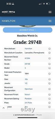 Hamilton 2974B Military Pocket Watch Circa 1941