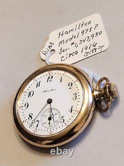 Vintage 1919 Hamilton 975 Size 16s 17 Jewels Pocket Watch 10k GF Sidewinder