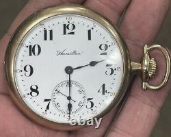 Vintage Gold Filled Hamilton Open Face Side Winder Pocket Watch 17 Jewels
