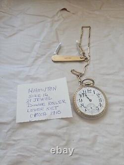 Vtg Double Roller Hamilton 21 Jewel Pocket Watch & Chain 4 Repair Model 992 Bb1